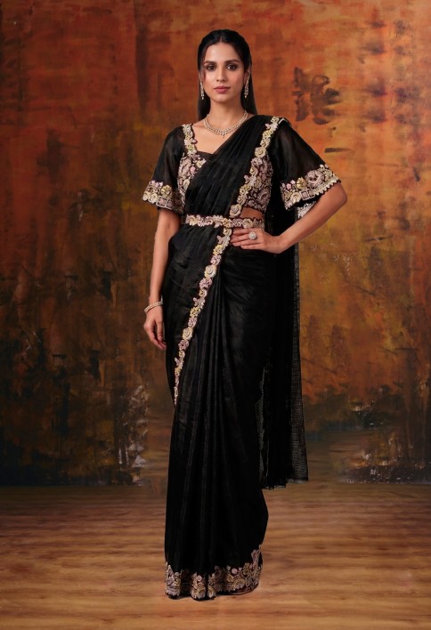 Metal Black Embroidered Wedding Party Designer Saree